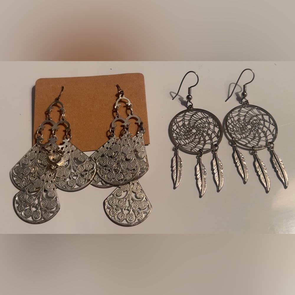Silver Filigree & Dreamcatcher Dangle Earrings Set - Silver Tone
